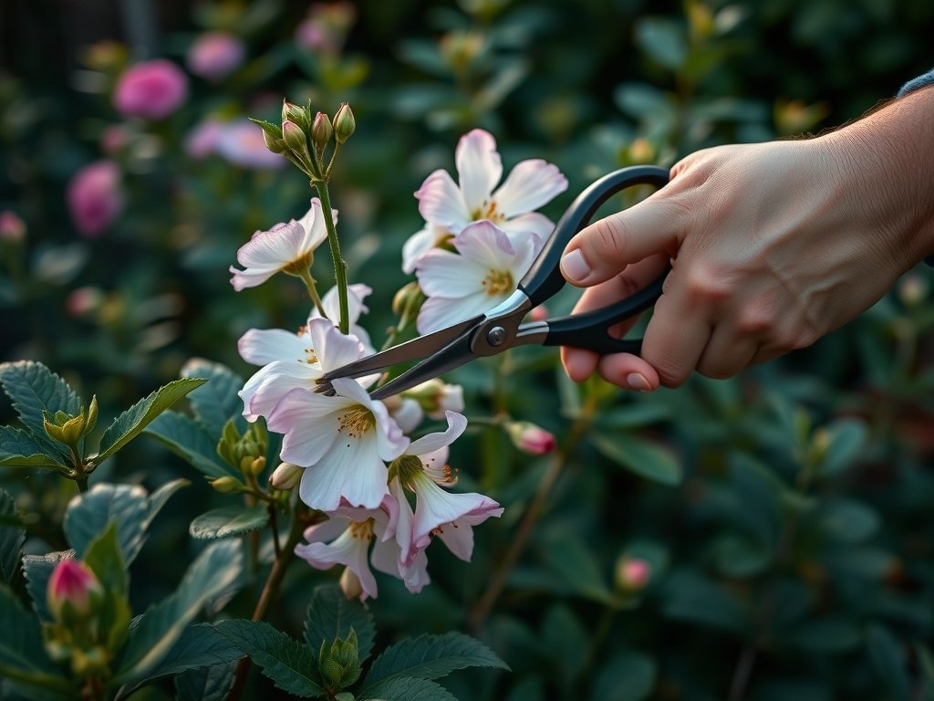 Detailopname van handen die een muurbloem snoeien met schone snoeischaren.