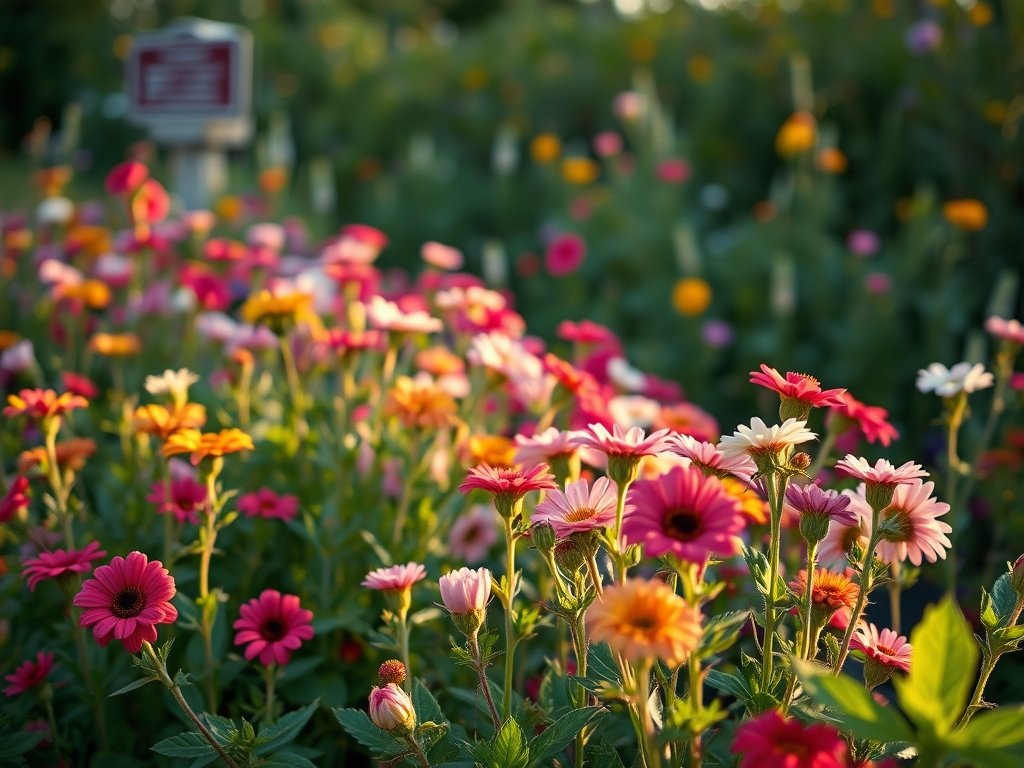 Brede opname van een bloeiende Lavatera tuin met kleurrijke bloemen onder zacht avondlicht.