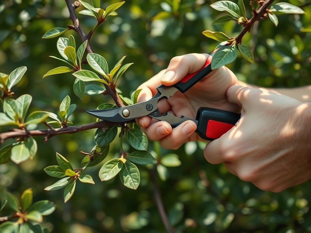 Detailopname van handen die een prunus tak snoeien met snoeischaren.