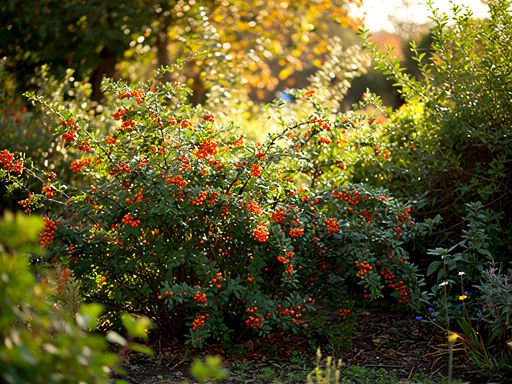 Uitzicht op een tuin met bloeiende vuurdoornstruiken en andere groene planten.