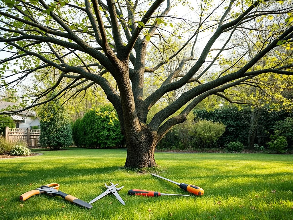 Gezicht op een plataan met vers gesnoeide takken en snoeigereedschap op het gras.