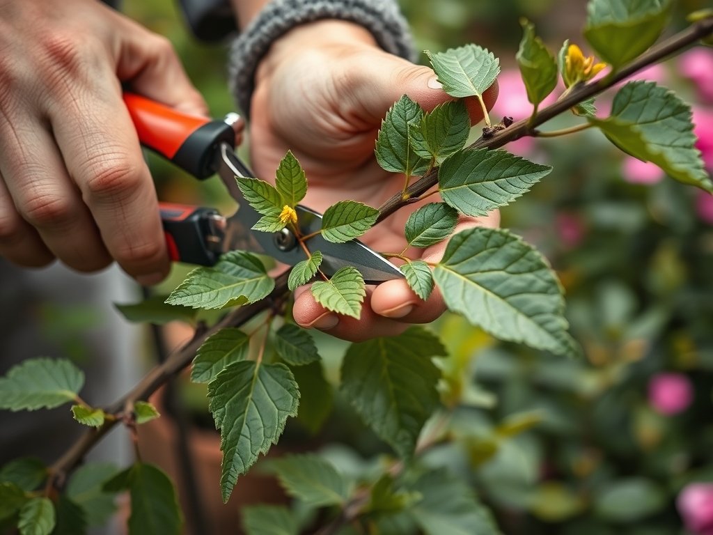 Close-up van handen die een tak van een kornoelje snoeien in een tuin.