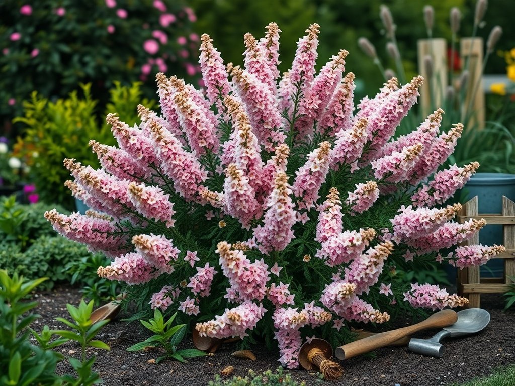 Brede opname van een bloeiende spirea struik omringd door groen en tuin gereedschap.