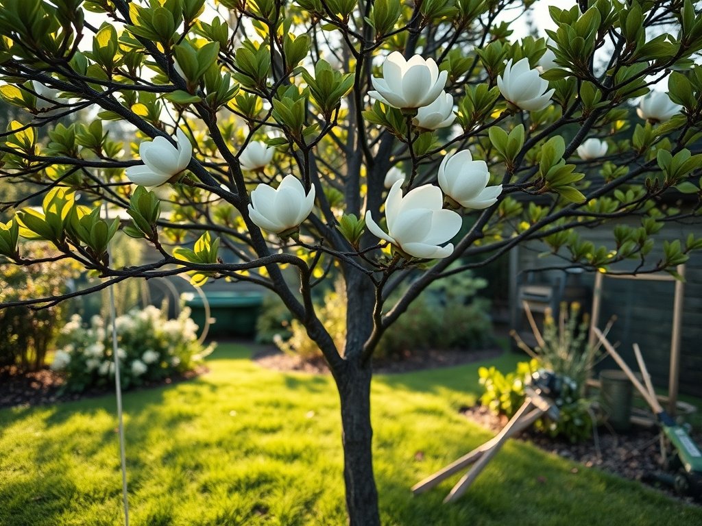 Brede opname van een volwassen magnolia boom in een tuin met gesnoeide takken en tuingereedschap op de grond.
