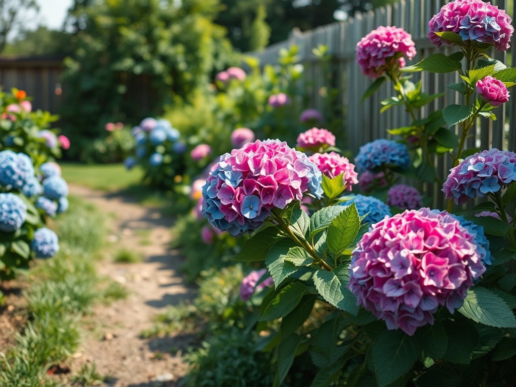 Tuin met diverse pluimhortensia struiken in verschillende stadia van snoei en bloei.