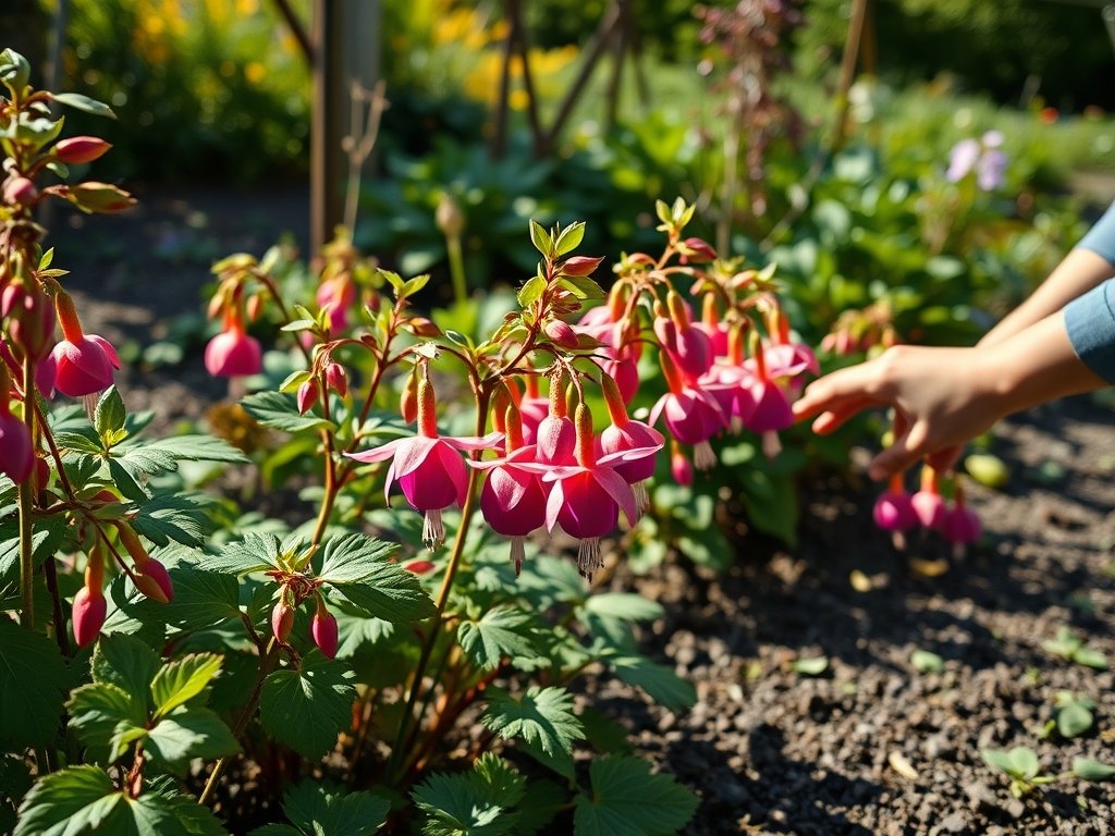 Tuin met fuchsia planten die worden gesnoeid in de lente.