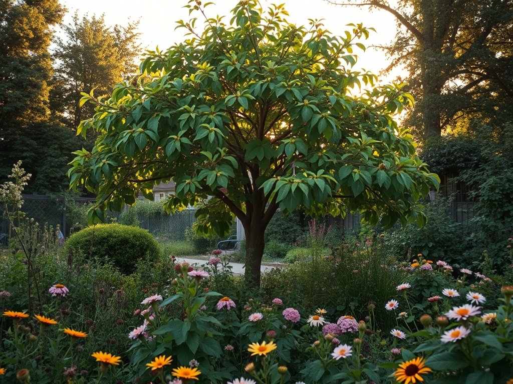 Ruim zicht op een moerbeiboom in een verwilderde achtertuin met bloeiende wilde bloemen.