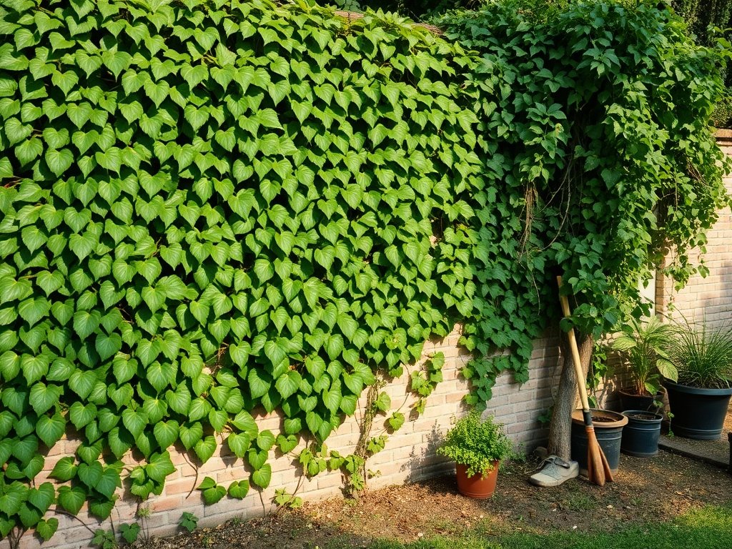 Tuinmuur deels bedekt met groene klimop, deels net gesnoeid, met tuinproducten op de voorgrond.