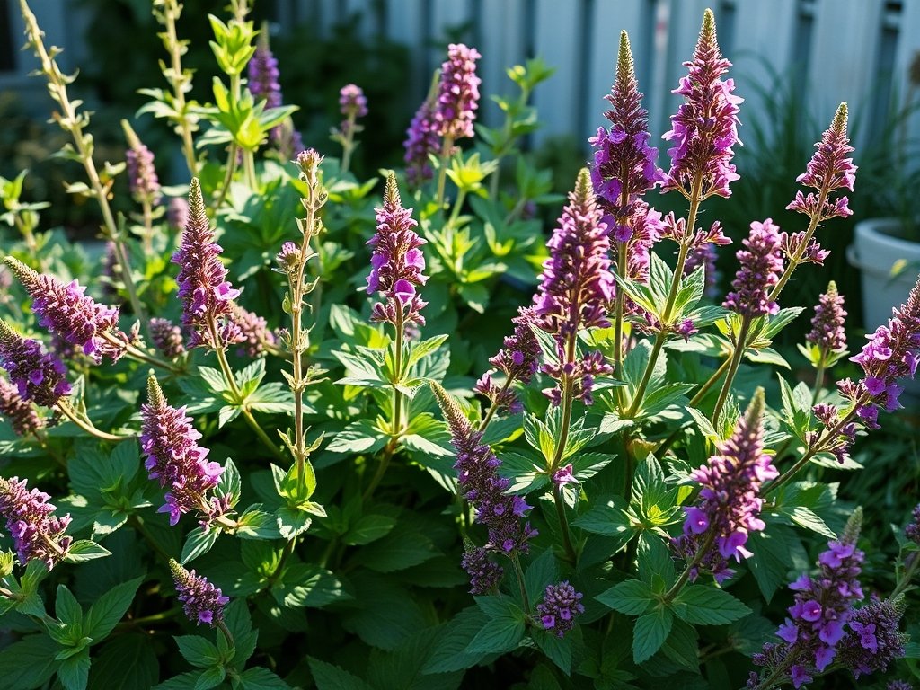 Verbena planten in een tuin met verse snoei en ochtendzon.