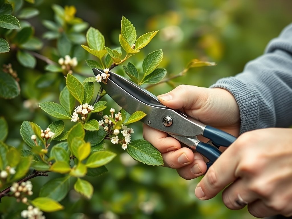Close-up van handen die een Viburnum tinus snoeien met groene bladeren en witte bloemen.