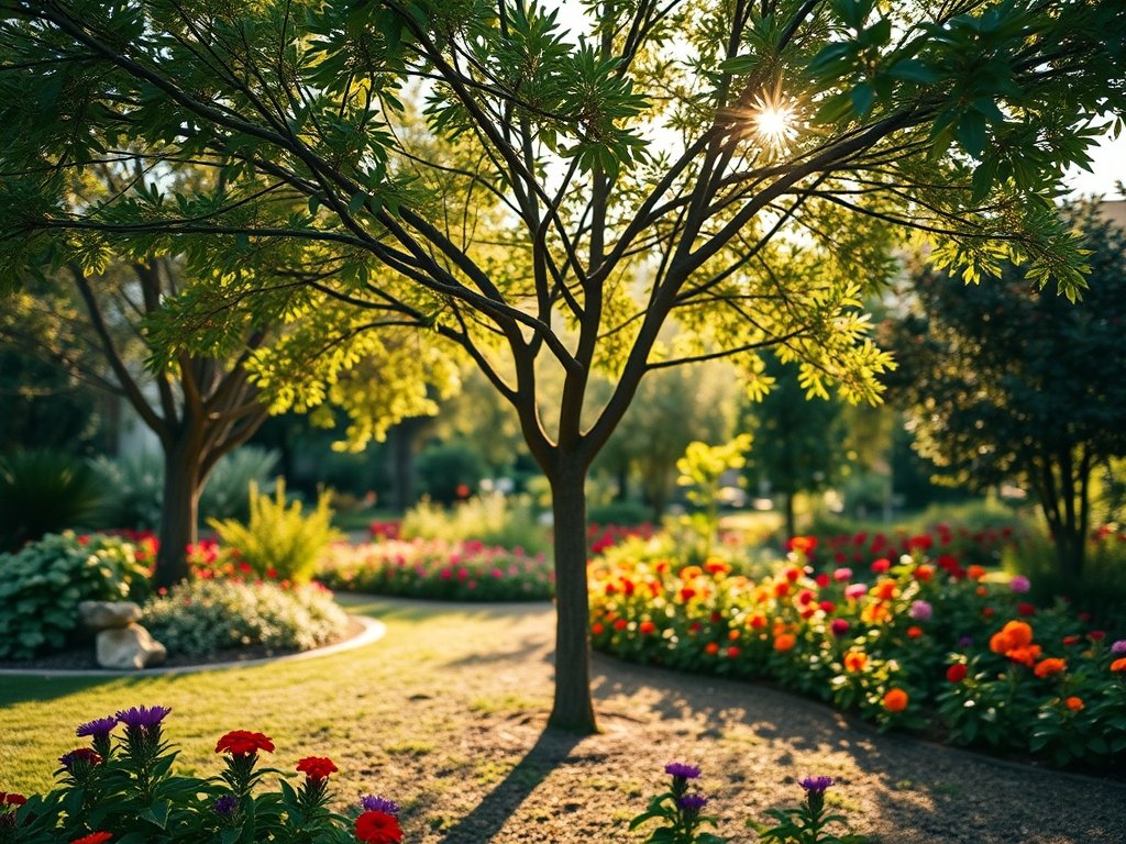 Overzicht van een rustige tuin met een bolacacia in de foreground.