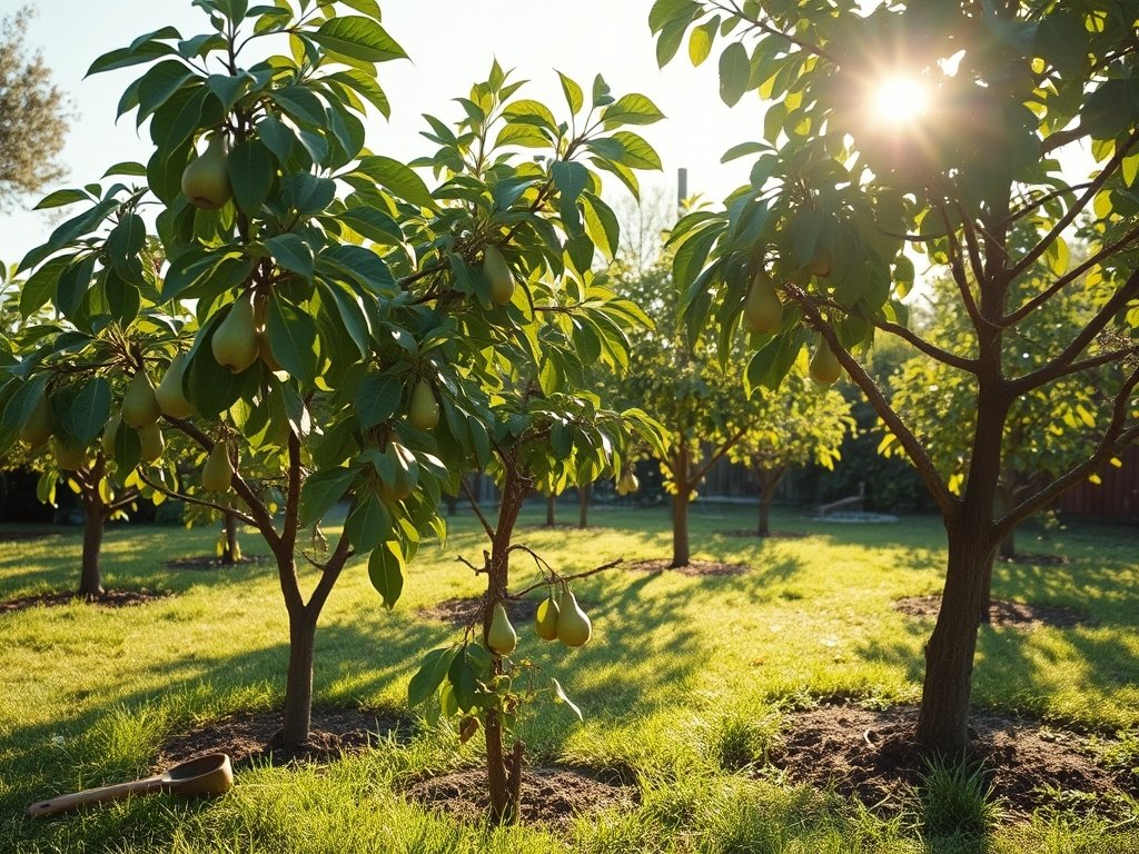 Zonovergoten achtertuin met perenbomen in verschillende stadia van snoei.