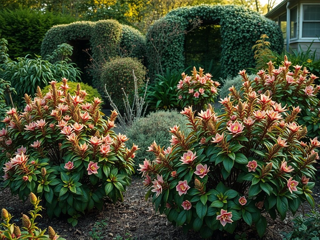Een tuin met volwassen weigelia struiken in bloei en gesnoeid.