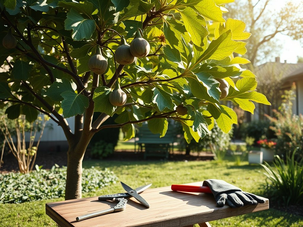 Breed beeld van een vijgenboom in een tuin met snoeigereedschap op een houten tafel ernaast.