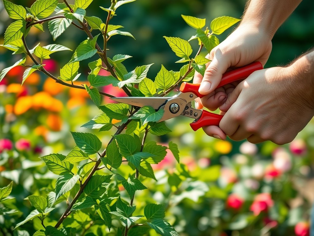 Dichte opname van handen die met een snoeischaar een Turkse klimop snoeien in een groene tuin.