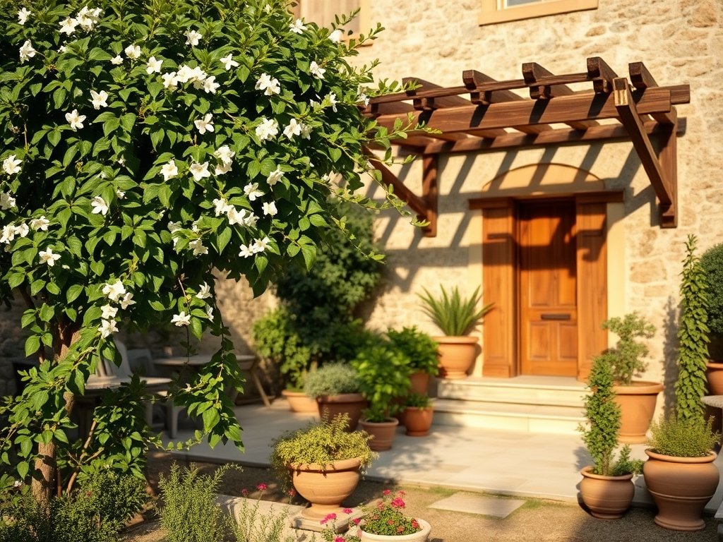 Mediterrane tuin met Toscaanse jasmijn die over een houten latwerk groeit tegen een stenen muur in zacht zonlicht.