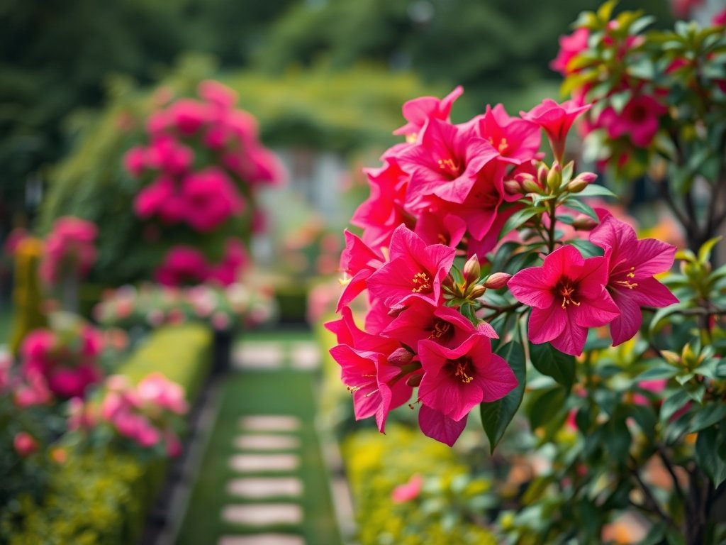 Brede opname van een gestructureerde tuin met bloeiende bougainvillea in levendige kleuren.