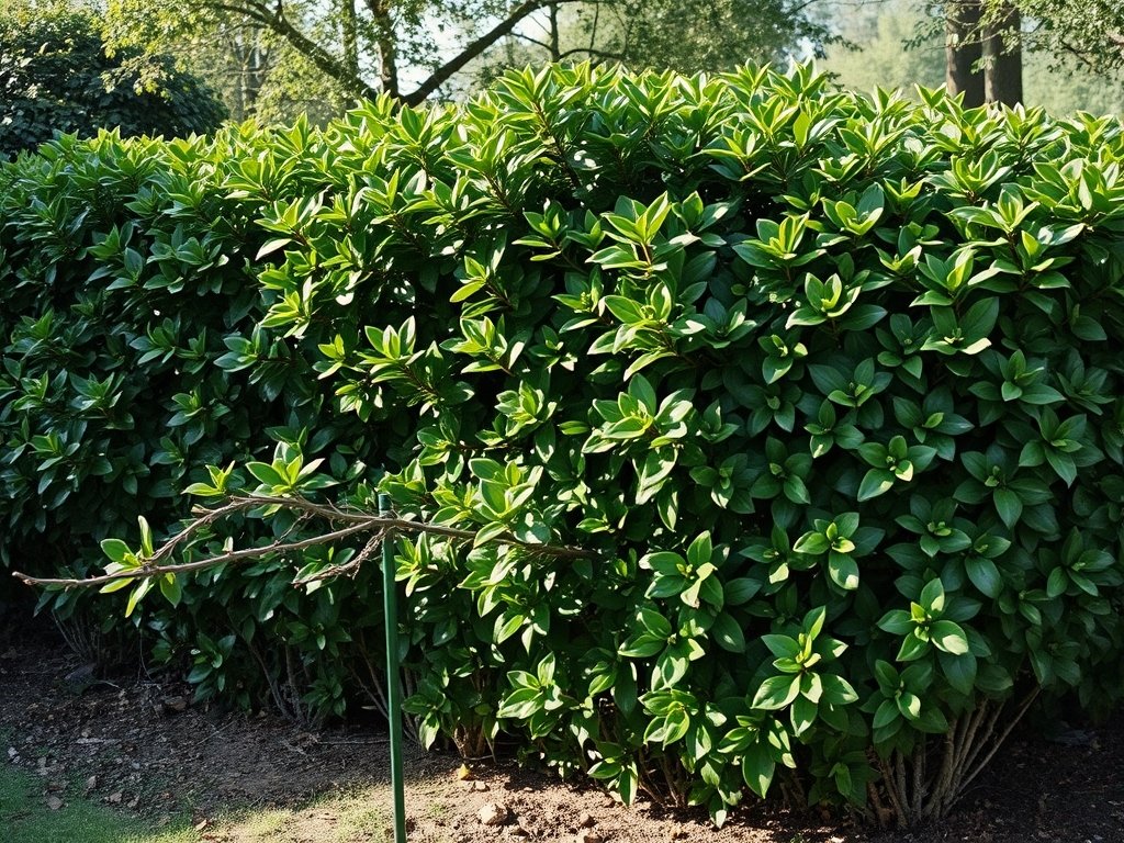 Portugese laurier haag gedeeltelijk gesnoeid in een natuurlijke tuin met ochtendlicht en schaduwen.