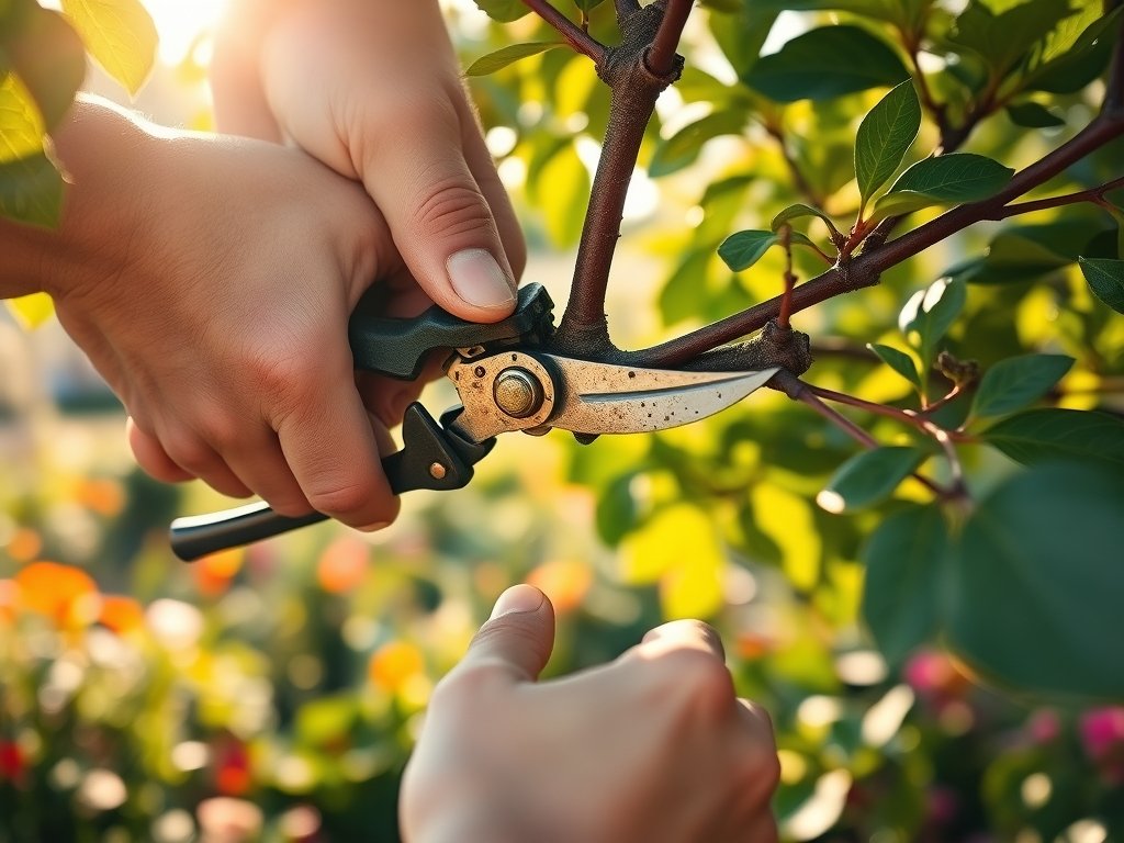Close-up van handen die een moerbeiboom snoeien met scherpe tuin scharen.