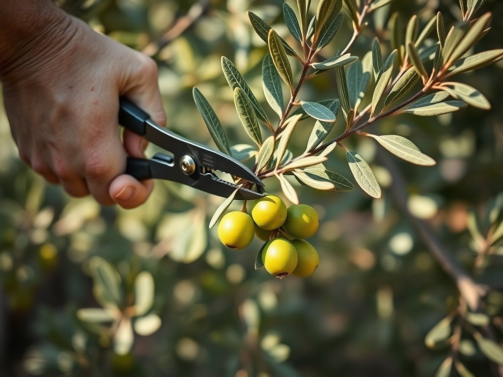 Close-up van handen die een olijfboomtak snoeien met tuinscharen.