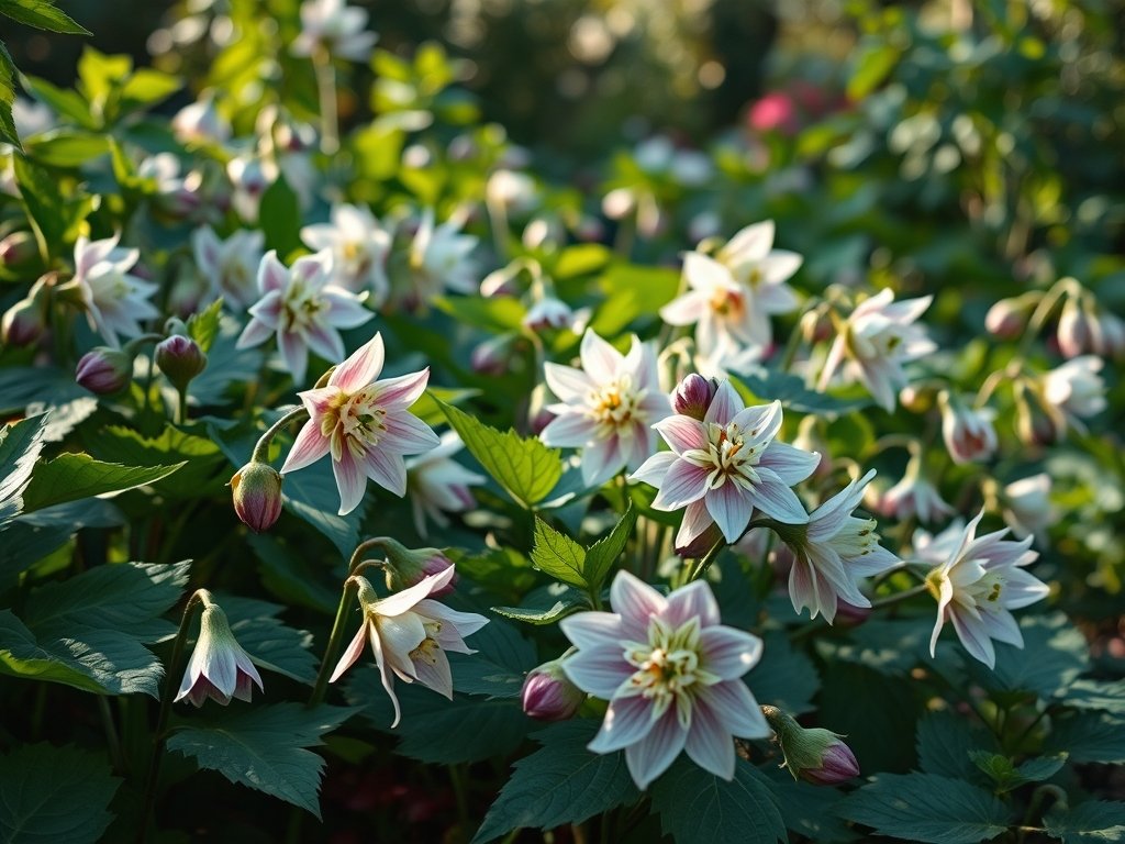 Breed zicht van een bloeiende helleborus tuin met verschillende bloeistadia.