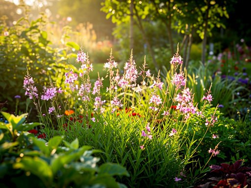 Brede opname van een bloeiende gaura in een tuin.