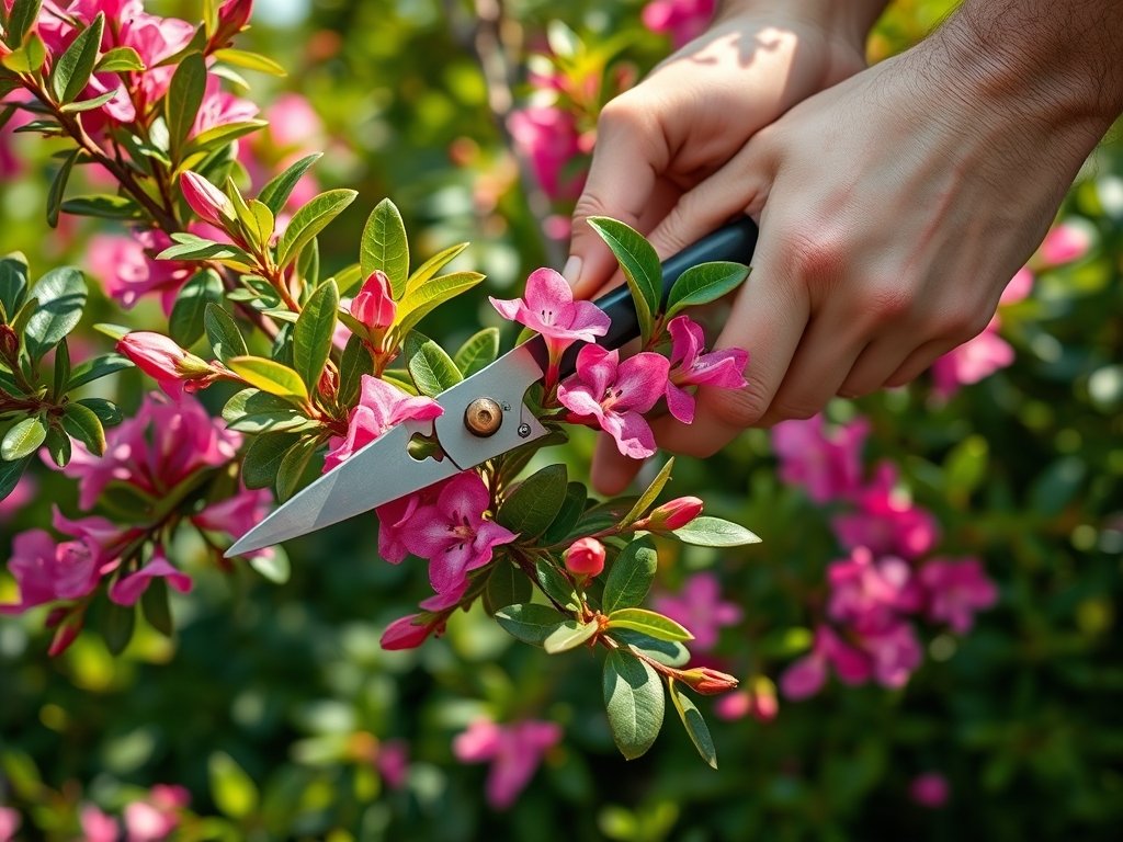 Close-up van handen die oleanderstruik snoeien met groene bladeren en roze bloemen.