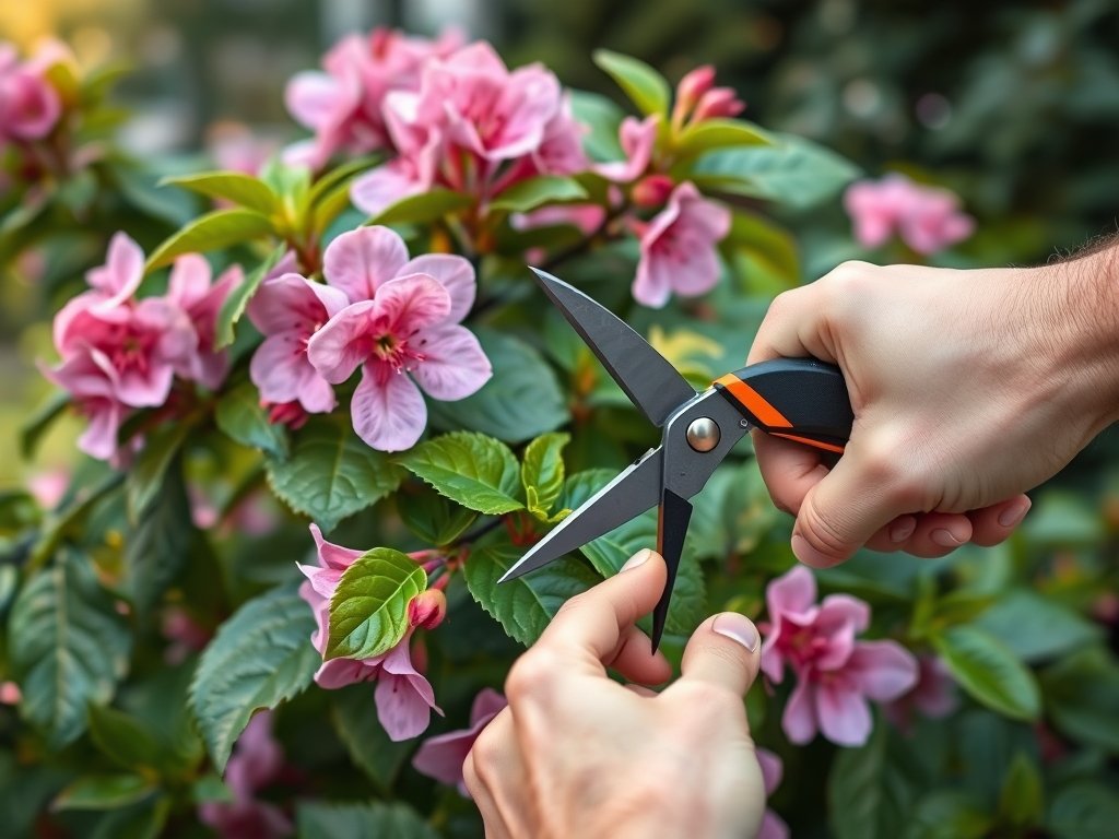 Close-up van handen die een weigelia struik met roze bloemen snoeien.