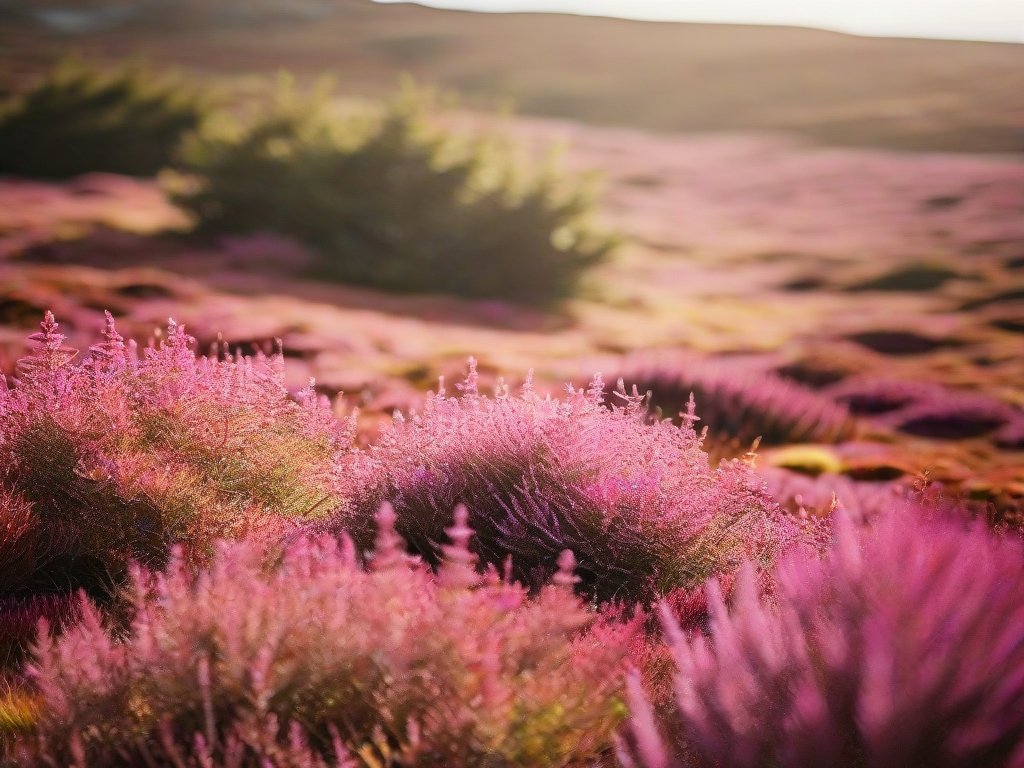 Uitzicht op een herfstig heidelandschap met bloeiende heideplanten.