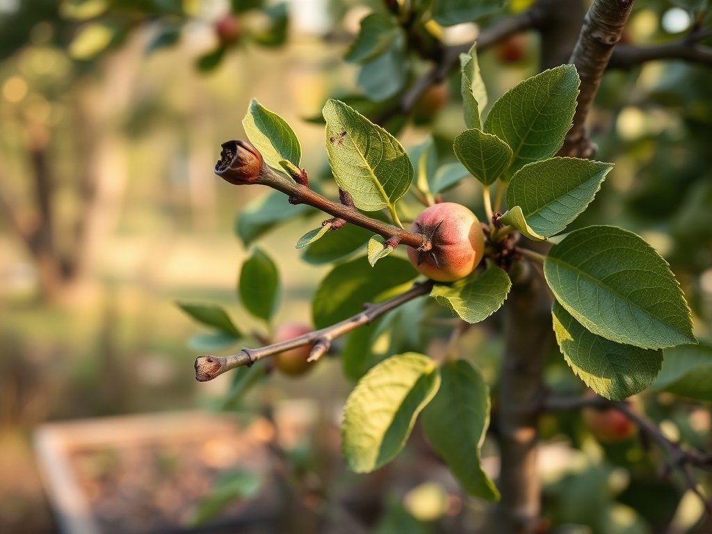 Close-up van appelboomtakken met verse snoeisneden en groene bladeren in natuurlijk licht.