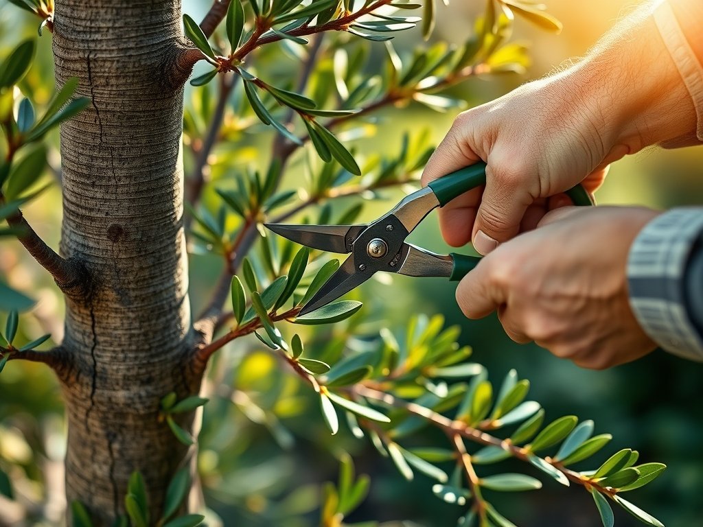 Detaillering van een tuinier die een bolacacia snoeit met snoeischaren.