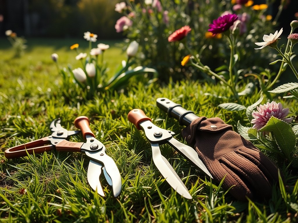 Tuin gereedschap rustend op gras met bloeiende bloemen op de achtergrond.