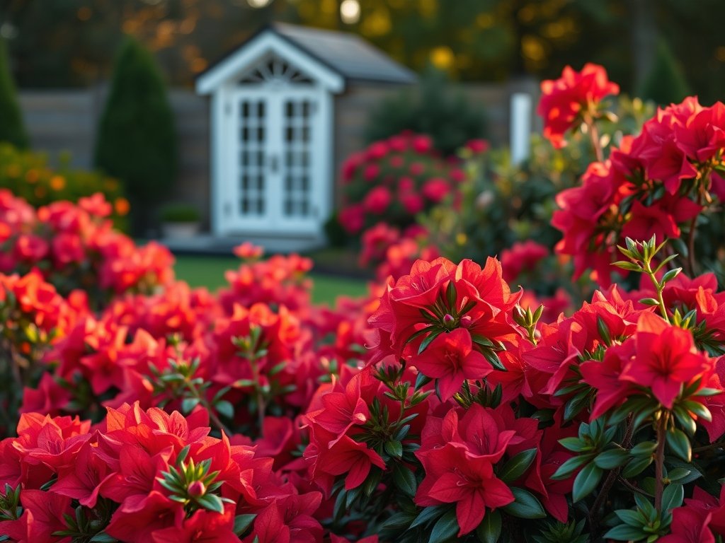 Breedbeeld van een bloeiende azalea tuin met verschillende kleuren bloemen.