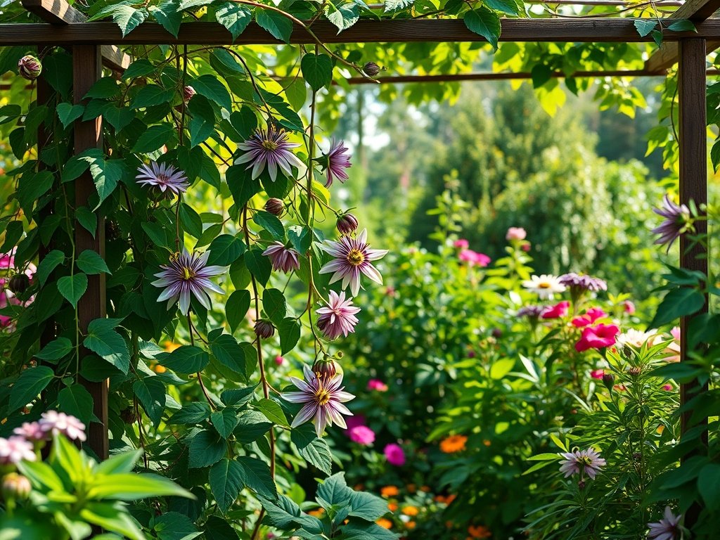 Wijds uitzicht op een tuin met passiebloemen die tegen een klimrek groeien in zacht zonlicht.