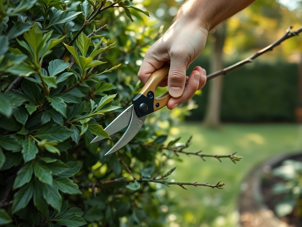 Close-up van handen die een beukenhaag snoeien met scherpe tuinscharen in een tuinsetting.
