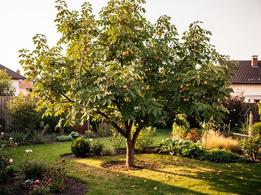 Brede opname van een walnootboom in een tuin met verse snoeiwerkzaamheden.