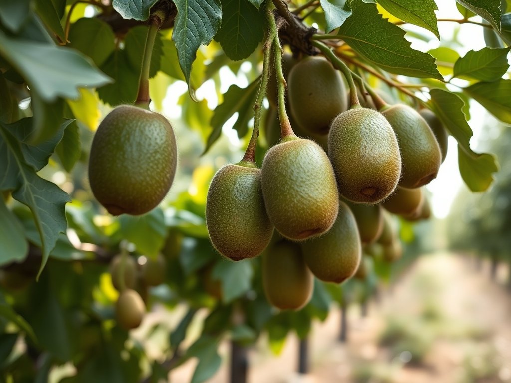 Breedbeeld van een kiwi boomgaard met rijpe kiwi's aan de takken.