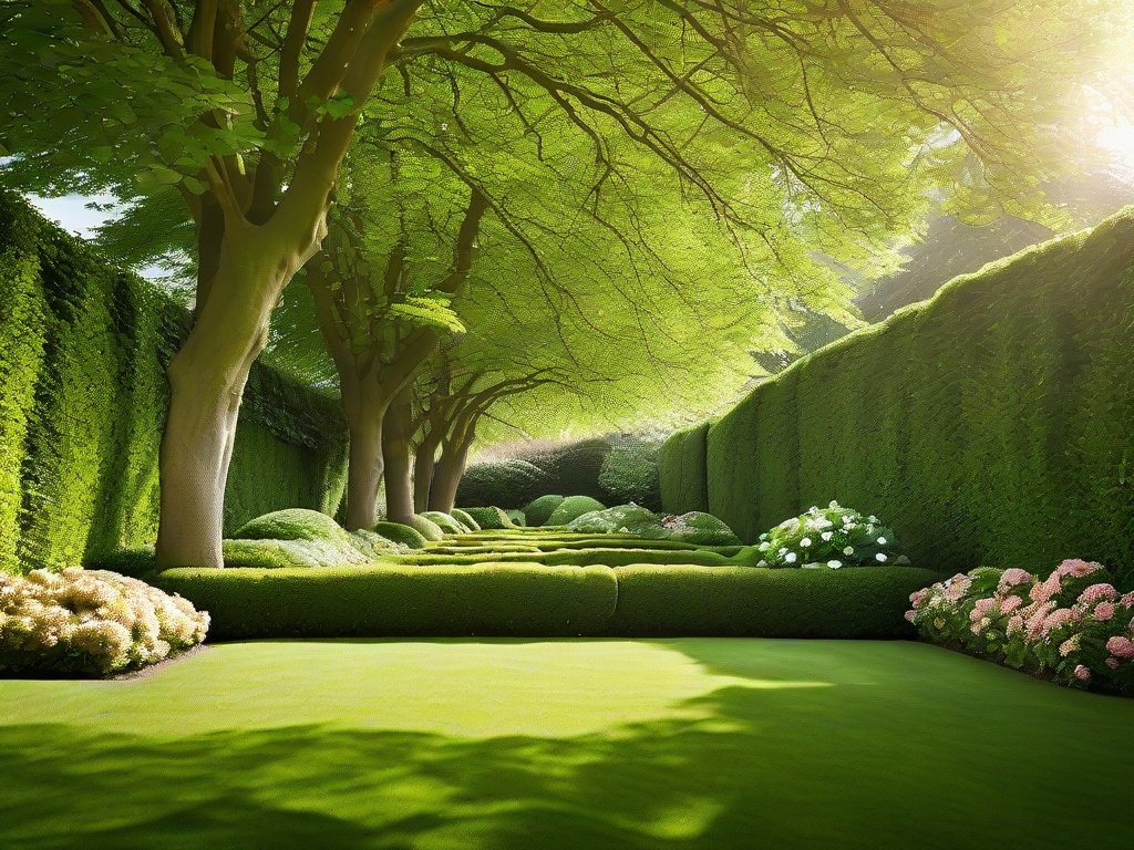 Rustige tuin met nauwkeurige gesnoeide haagbeuken in de zon.