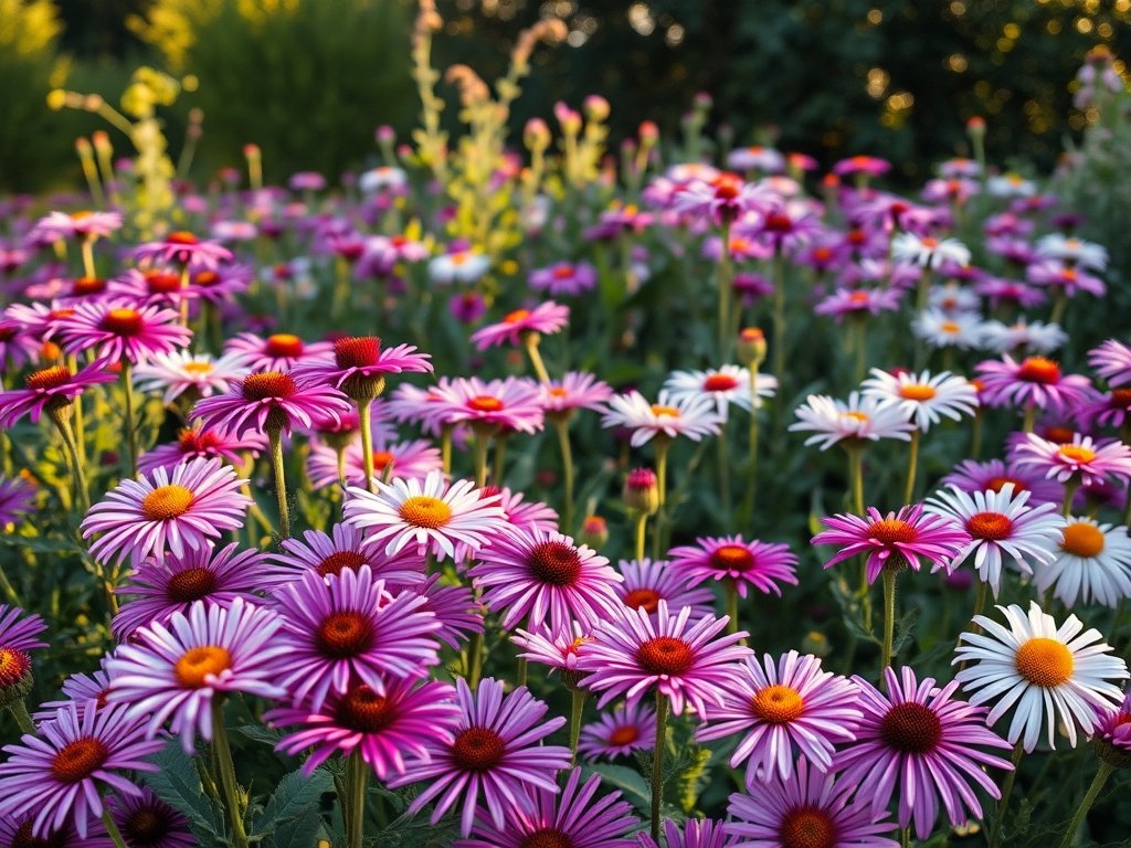 Weids uitzicht op een rustige tuin vol bloeiende herfstasters in verschillende kleuren.