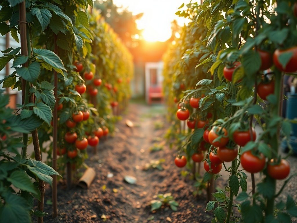 Brede opname van een bloeiende groentetuin met tomatenplanten.