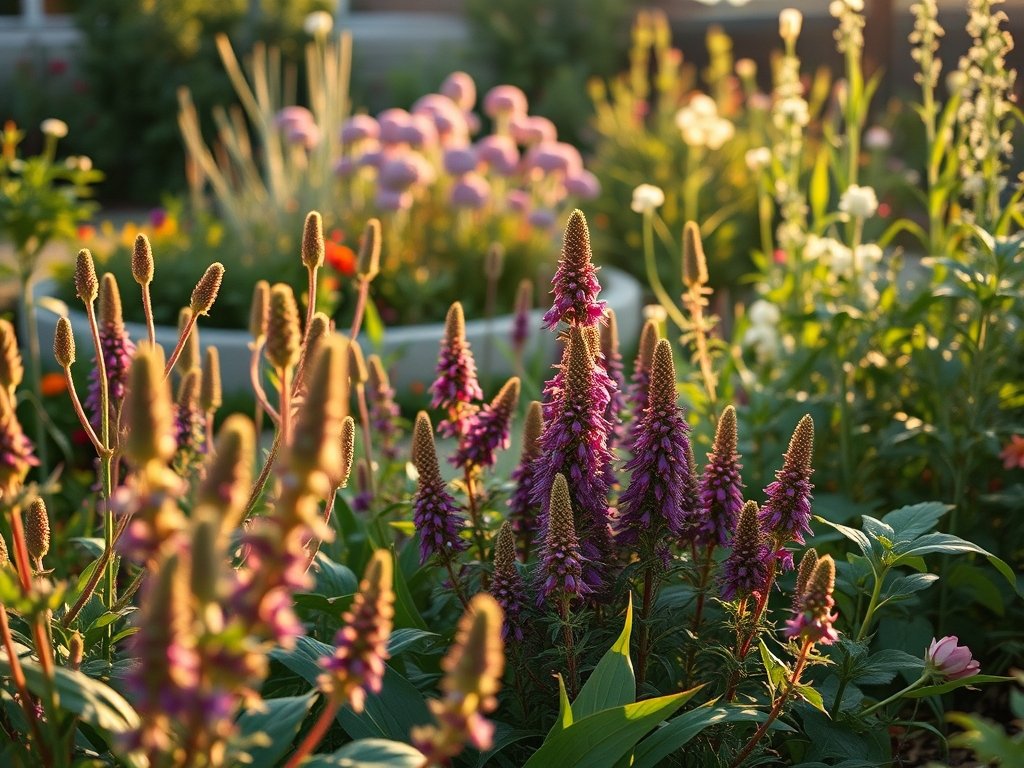 Uitzicht op een weelderige tuin met verschillende wolfsmelkplanten in bloei.
