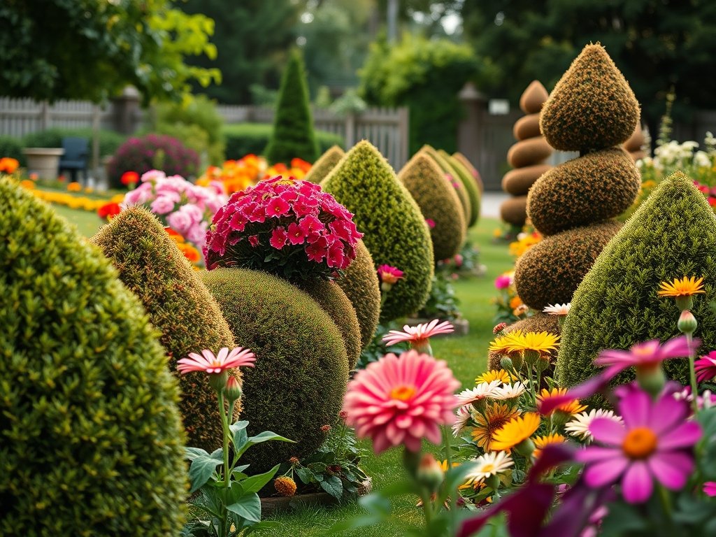 Breedbeeld van een tuin met geschoren heesters en bloeiende bloemen.