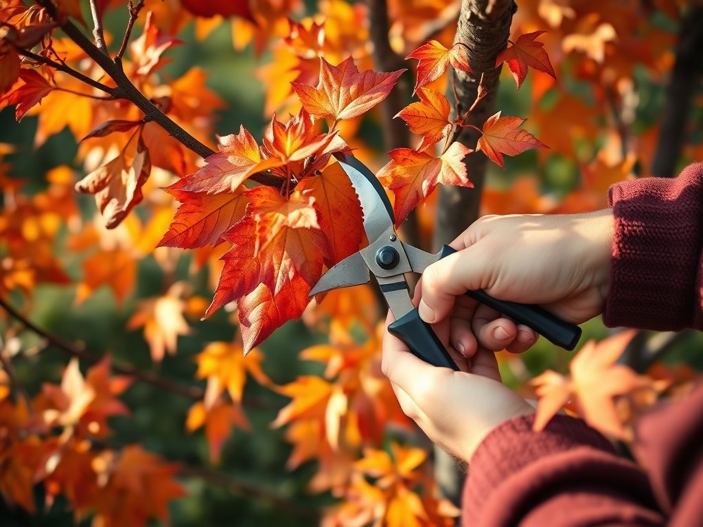 Close-up van handen die een Liquidambar snoeien met kleurrijke bladeren op de achtergrond.