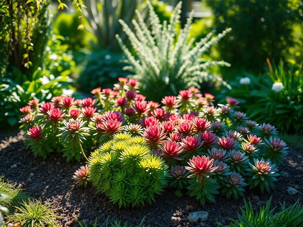 Rustieke tuin met verschillende soorten sedumplanten in de zon.