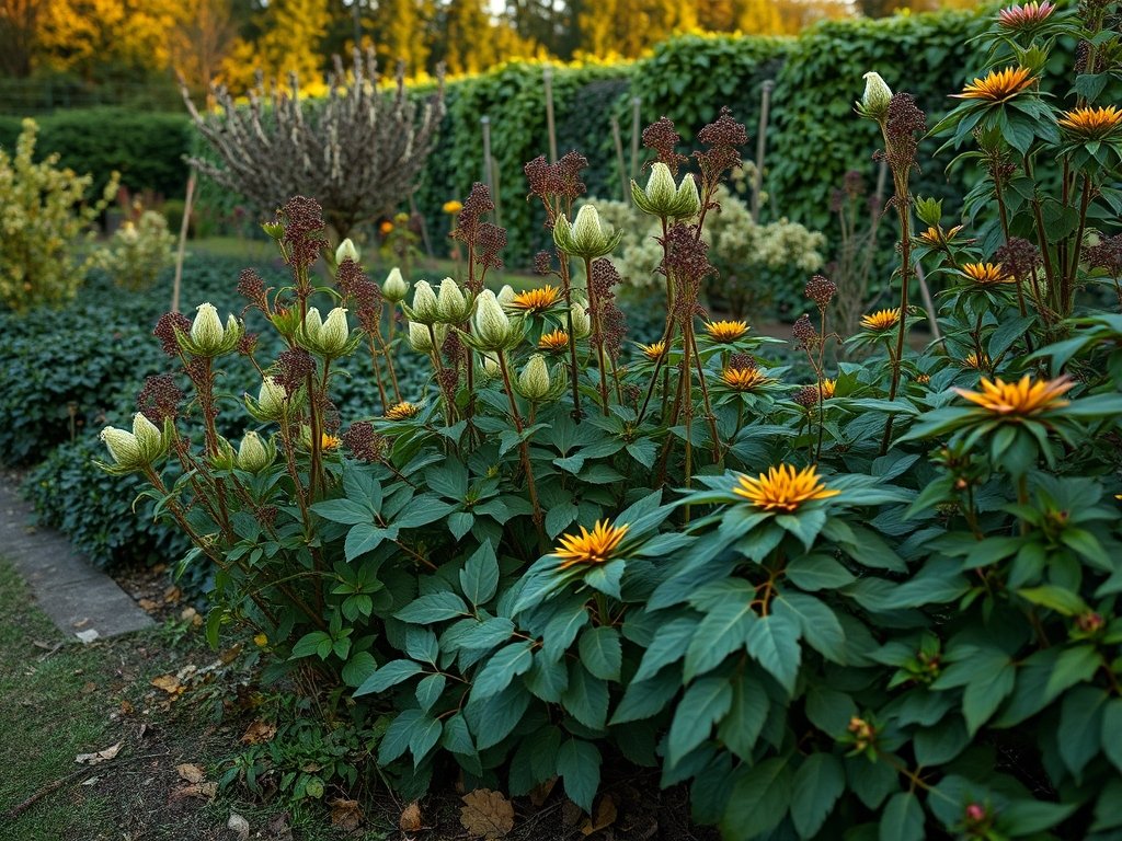 Uitzicht op een tuin met verschillende groeifases van de duizendknoop.