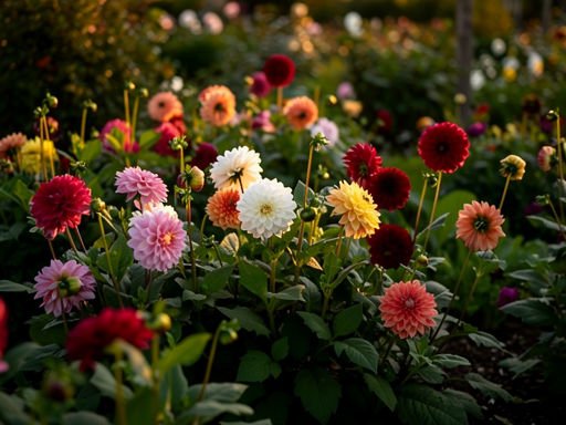 Uitgebreide weergave van een kleurrijke dahlia tuin in de avondzon.