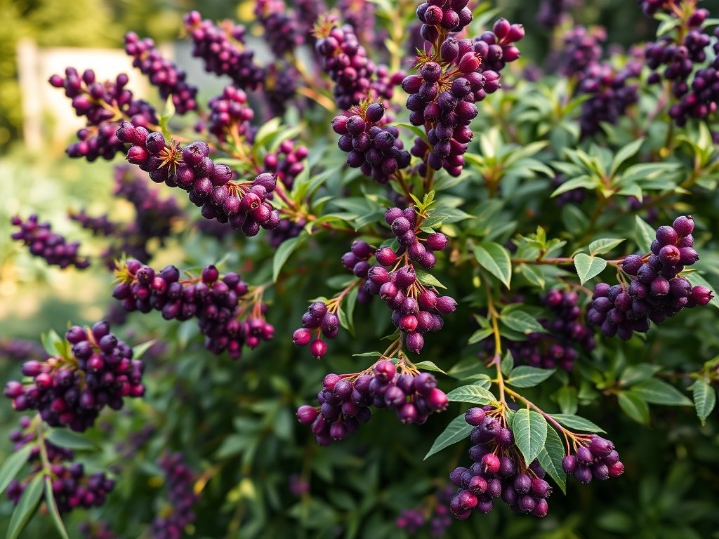 Overzicht van een callicarpa struik met paarse bessen in een groene tuin.