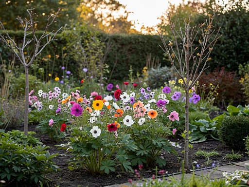 Uitzicht op een tuin met bloeiende en gesnoeide herfstanemonen.