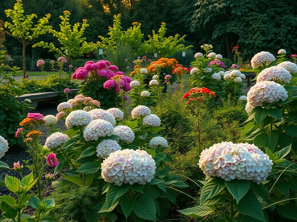 Brede kijk op een opvallende tuin met net gesnoeide hydrangea's.