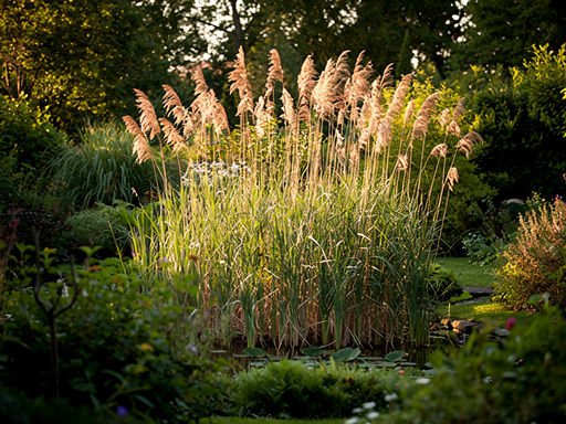 Ruim zicht op een serene tuin met wuivend riet in de breeze.